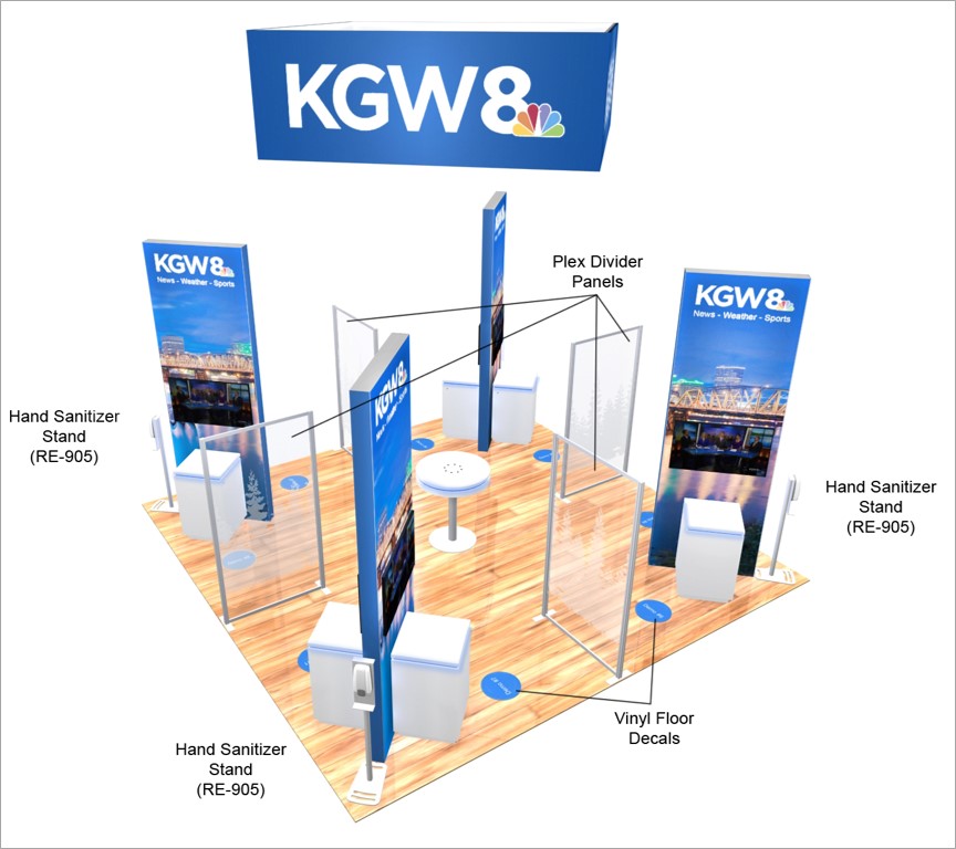 Trade show exhibits booth post covid - modular displays for rental or purchase with sanitizer stations and dividers
